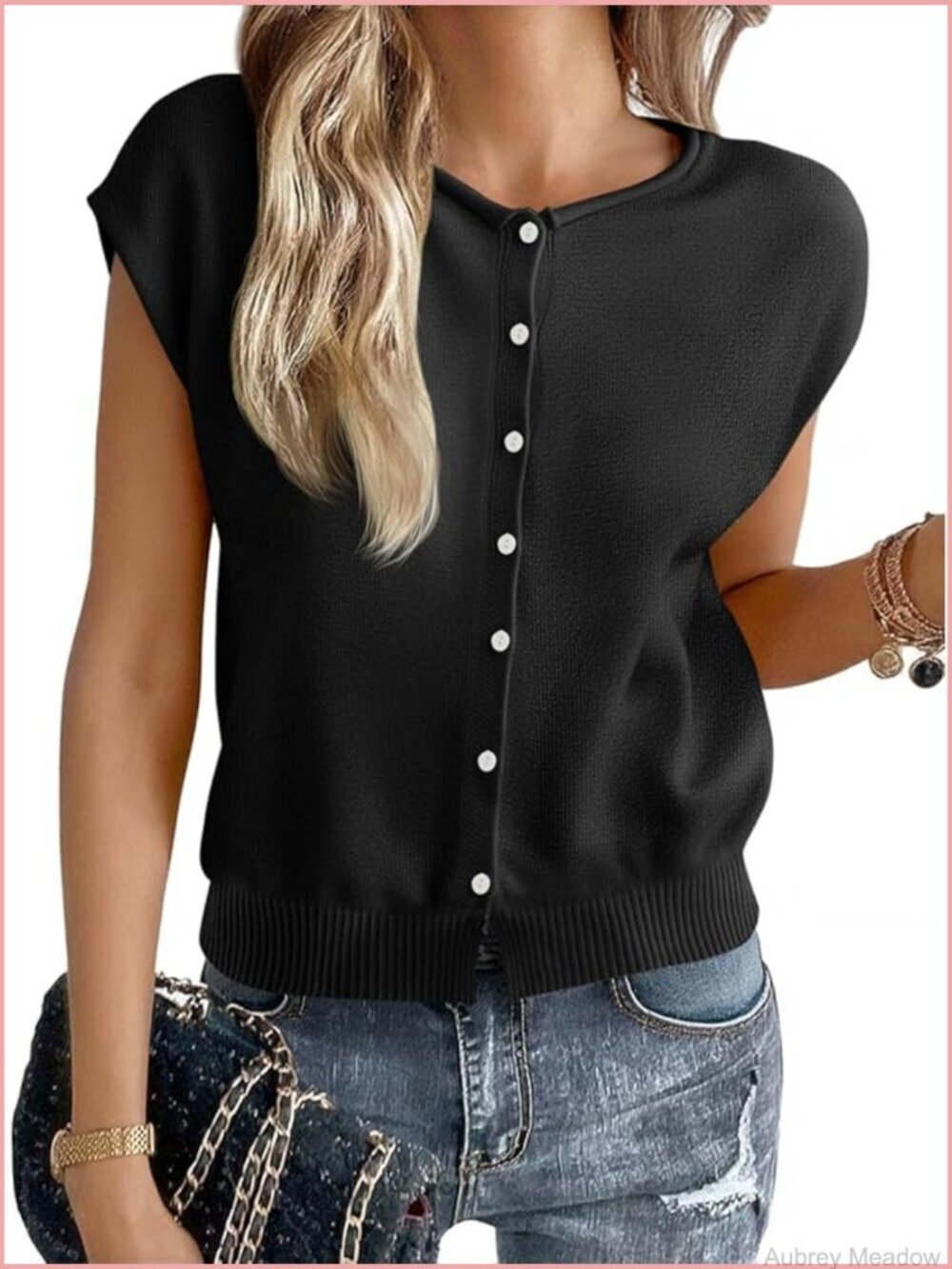Cap Sleeve Sweater Vest Lightweight Casual Knit Tank Top Crew Neck Button